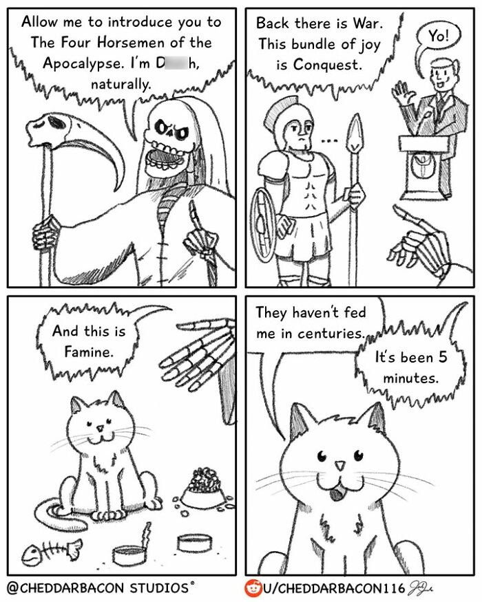 A comic introducing the Four Horsemen of the Apocalypse, comically interrupted by a cat demanding food, showcasing relatable adult humor.
