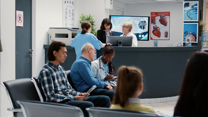 People waiting in a clinic, where things people do might lead to others judging them.
