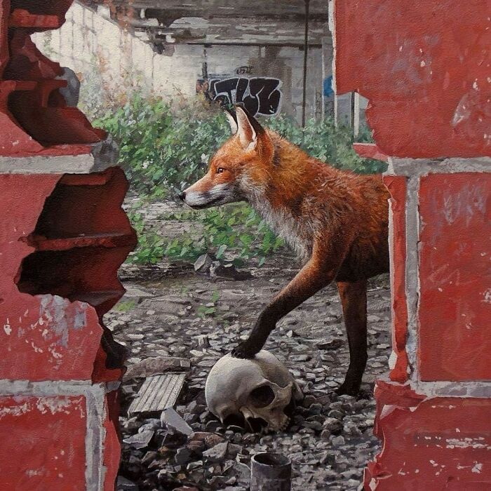 A red fox with its paw on a skull in a dystopian painting by Kevin Peterson