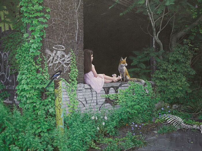 A young girl sits with a fox in overgrown ruins in a dystopian painting by Kevin Peterson