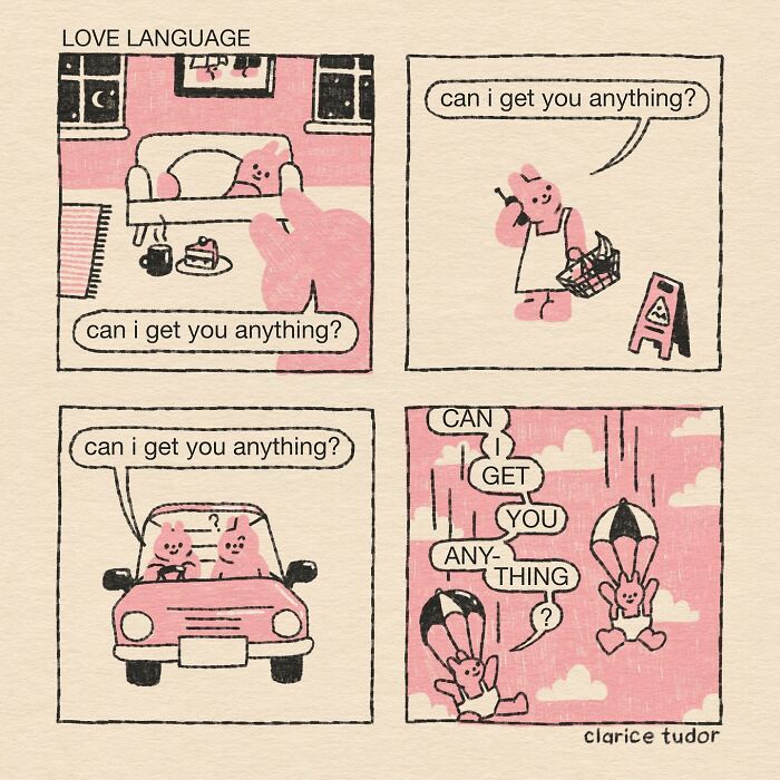 Snarky pink rabbits repeatedly asking can I get you anything in comic by Clarice Tudor