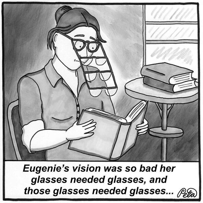 Comic illustrating poor vision needing multiple layers of glasses humor