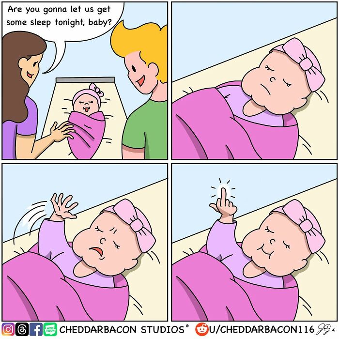 A hilarious comic about a baby flipping off its parents, exaggerating the insanity and relatability of being an adult.