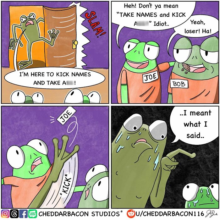 A funny comic strip featuring frogs, one attempting a proverb humorously, demonstrating the relatable humor of adult life.