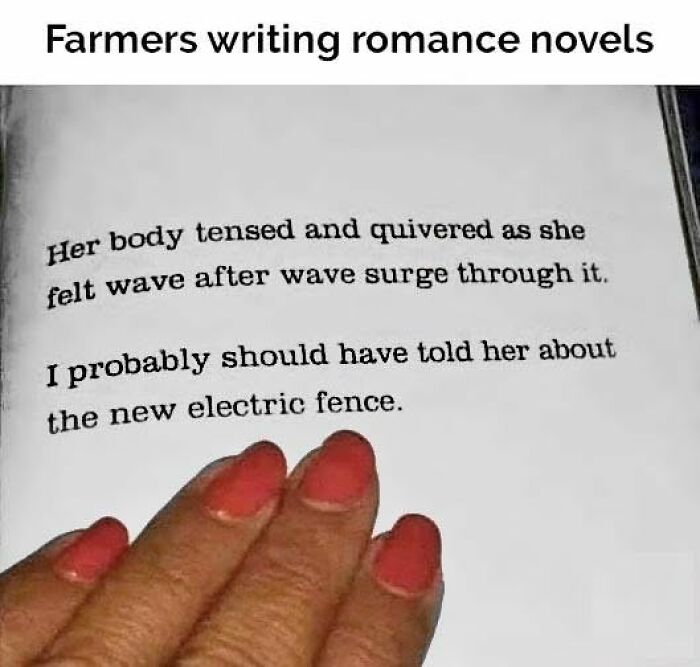 Humorous farmers romance novel text about electric fence