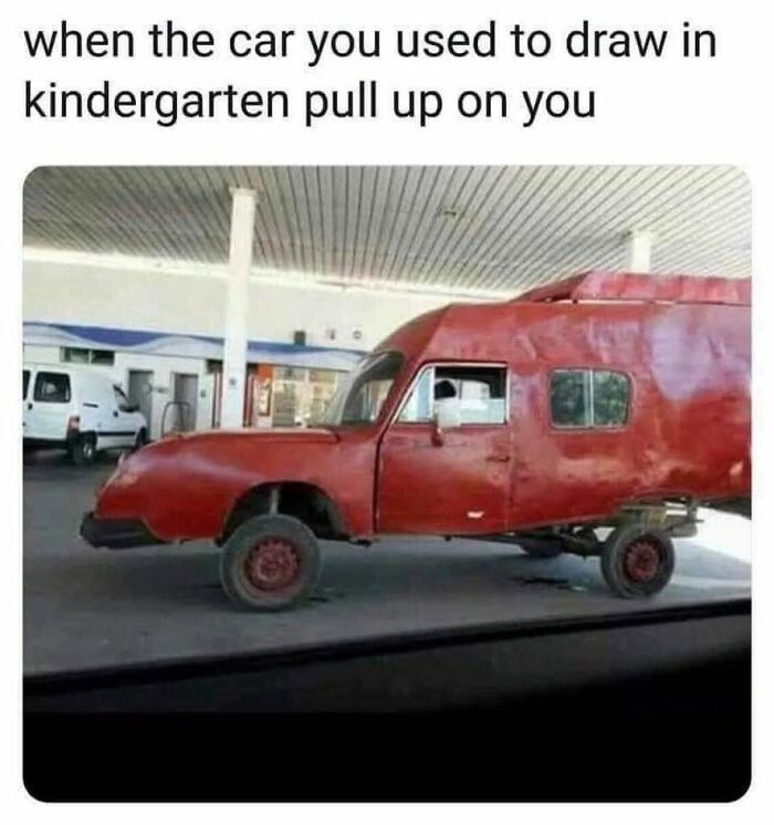 Funny meme of unusual car resembling kindergarten drawing