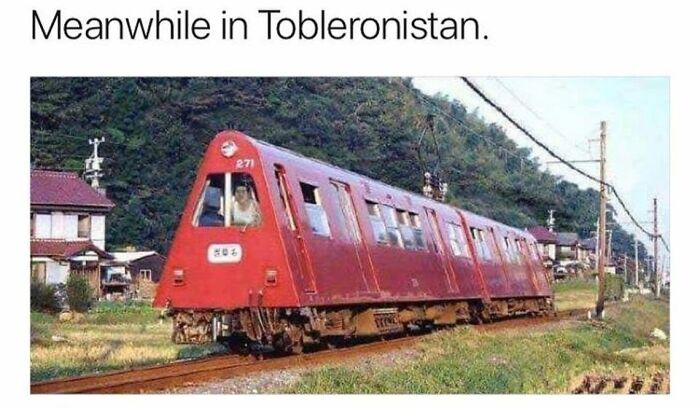 Funny meme of a train shaped like a Toblerone chocolate bar