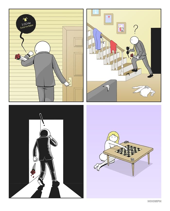 A comic by Bips McCallister showing a man with roses discovering his partner playing chess with another person, showcasing absurd humor.