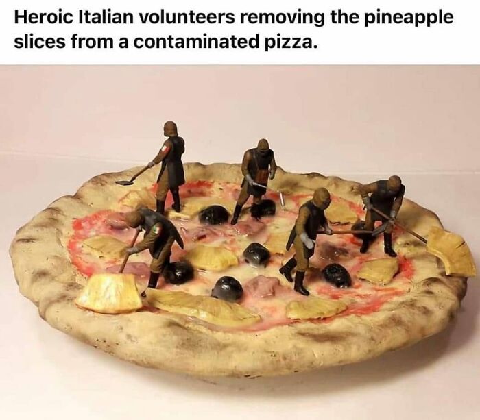 Miniature figures removing pineapple slices from pizza in funny meme