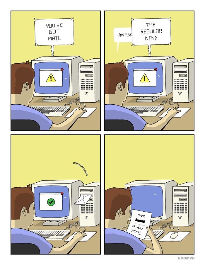 A Bips McCallister comic where a man receives a physical email from his computer, demonstrating weird comics.