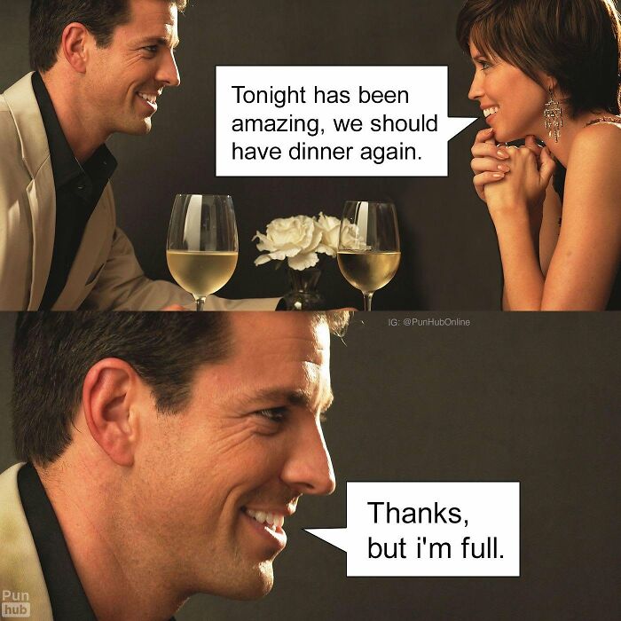 Funny memes of couple with dinner conversation and unexpected reply