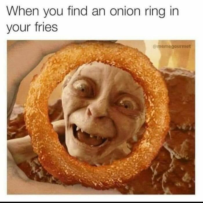 Funny meme of a character peeking through an onion ring in fries
