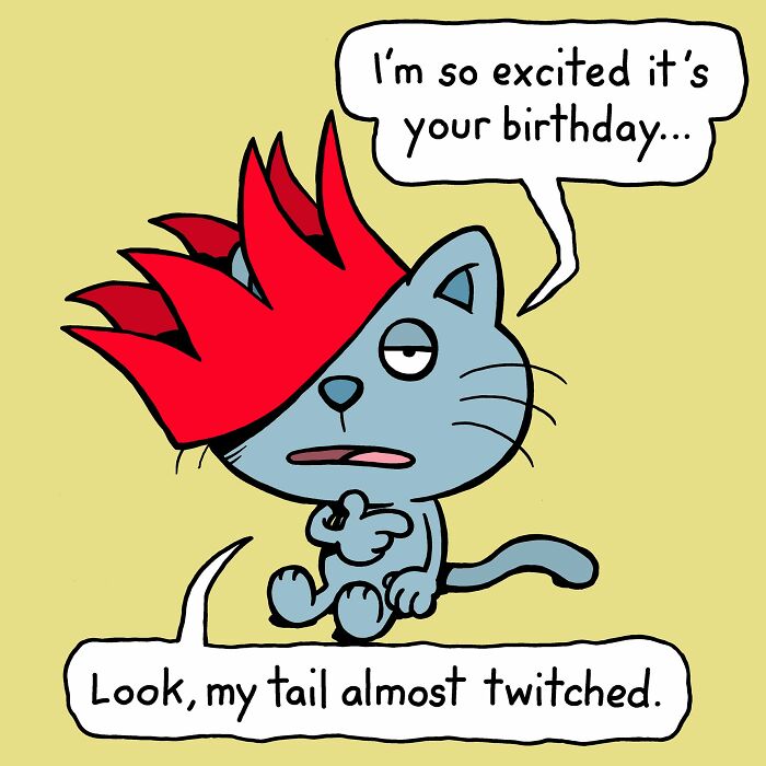 A cat with red hair, showing its cattitude, says, Im so excited its your birthday... Look, my tail almost twitched.