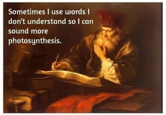 Humorous meme about using complex words with an old painting background