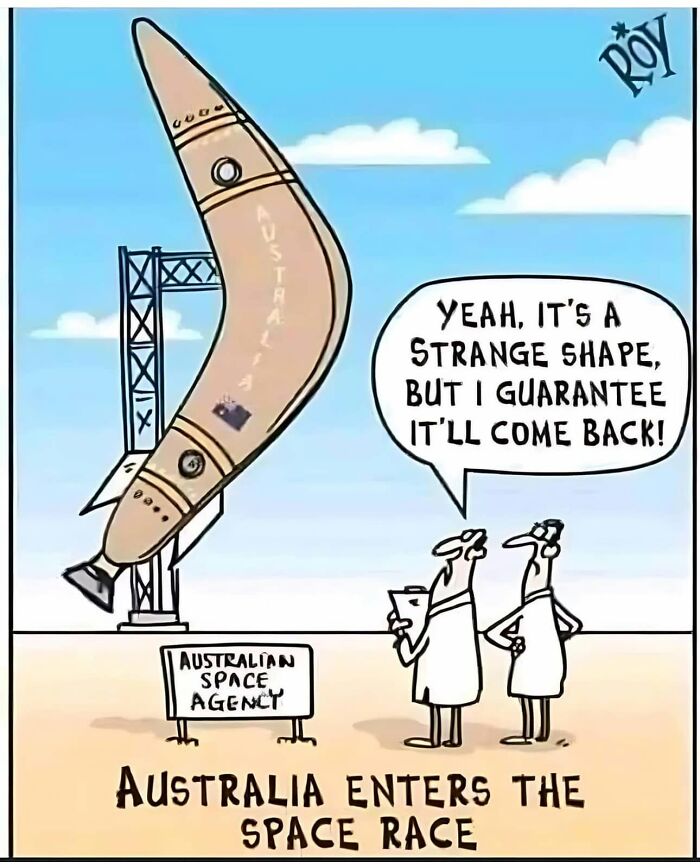 Cartoon of Australian space agency launching boomerang in space race joke