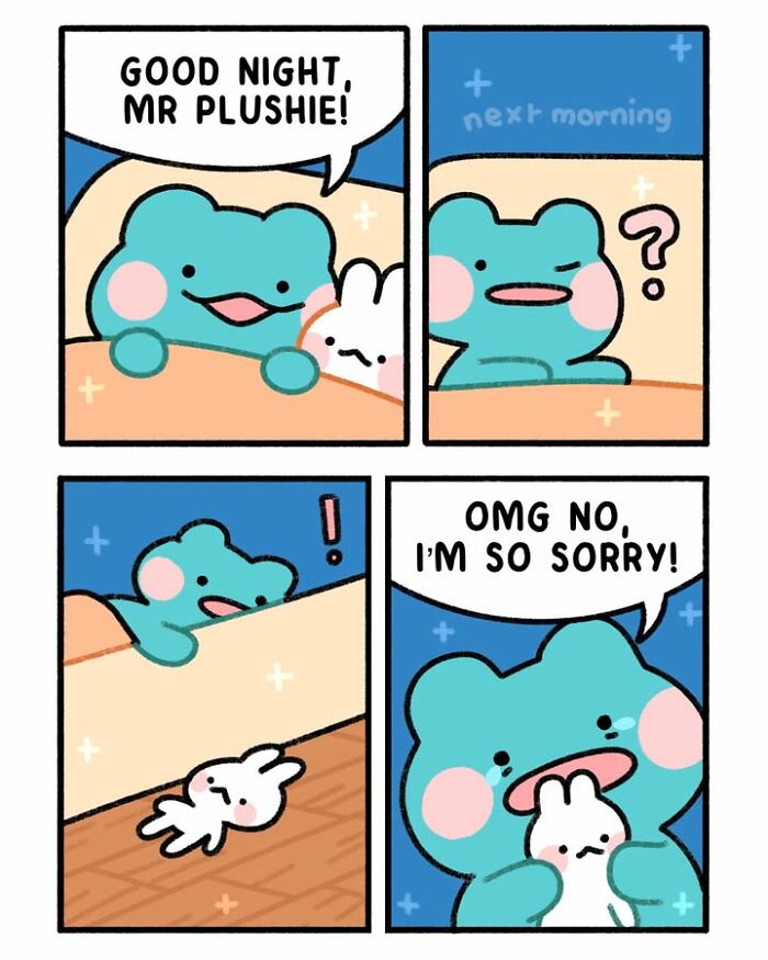 A comic character saying goodnight to its plushie, then finding it on the floor, an everyday life comic.