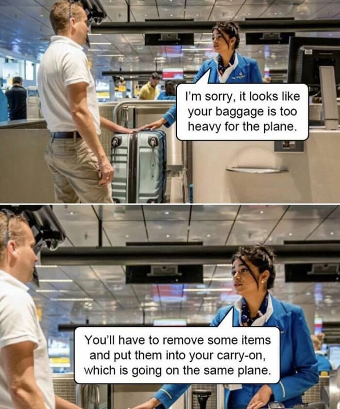 Funny meme about airline baggage weight rules and carry-on policies at the airport
