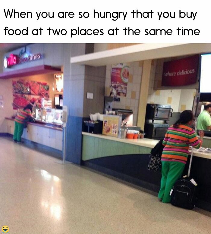 Funny meme about buying food at two places at once showing a woman ordering at two counters