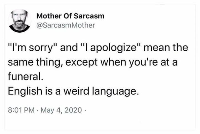 Funny memes about English language sarcasm and funeral apologies