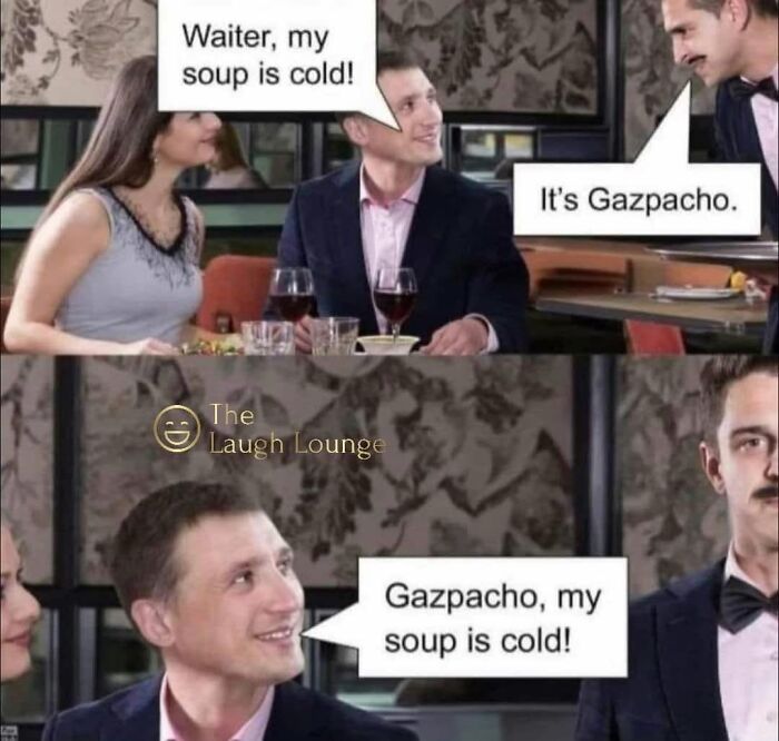 Funny meme about cold soup mix-up with gazpacho joke