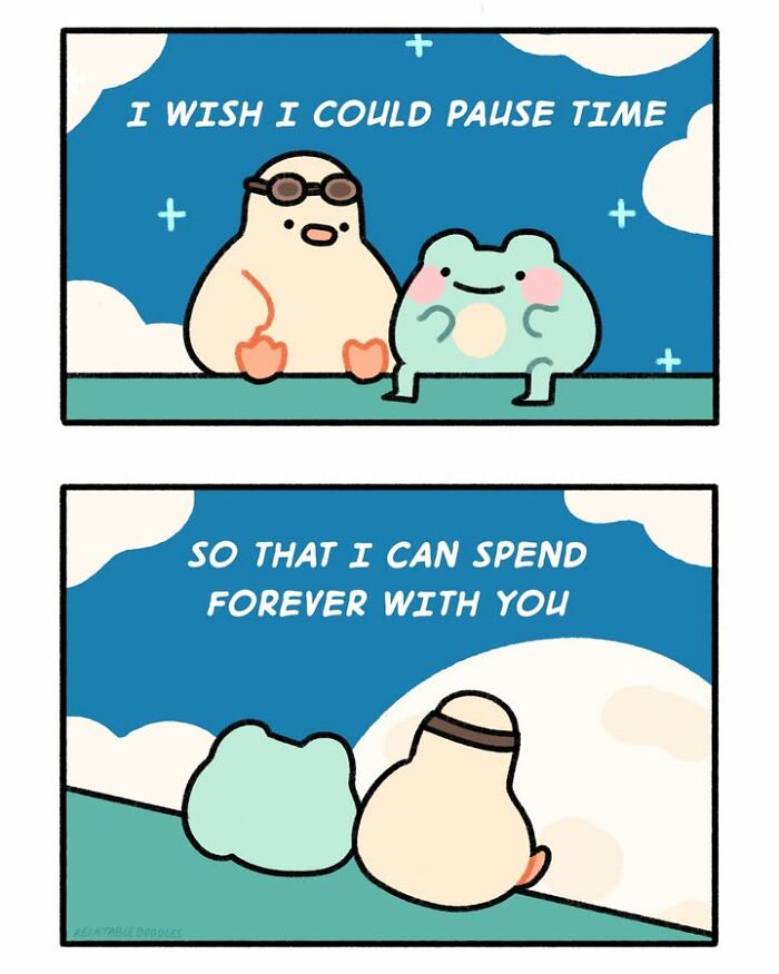 Two comic characters wishing to pause time to spend forever together, a comic about everyday life.