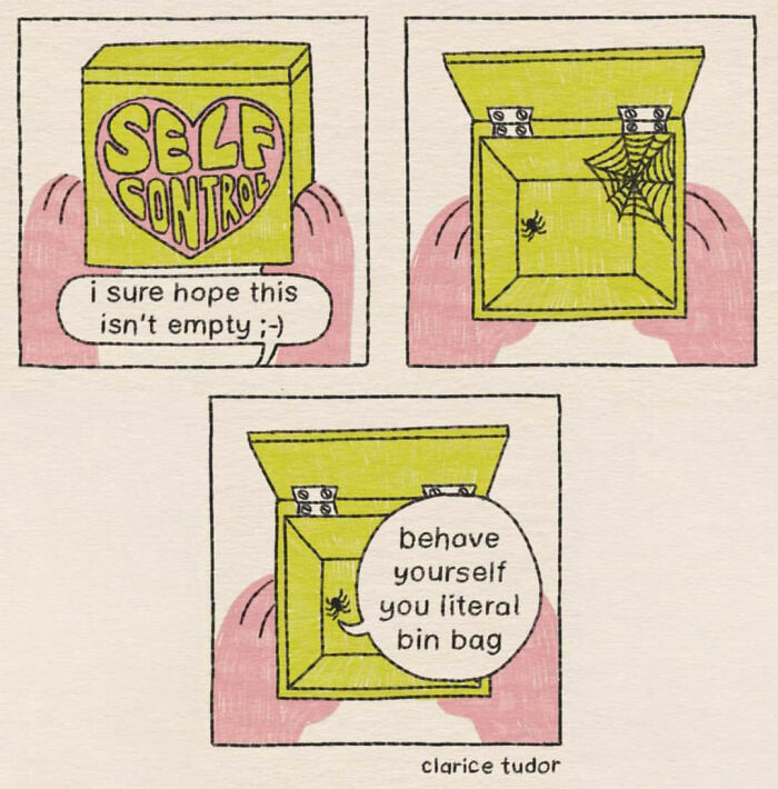Self control box humor with spiderweb and swear words in Clarice Tudor comic