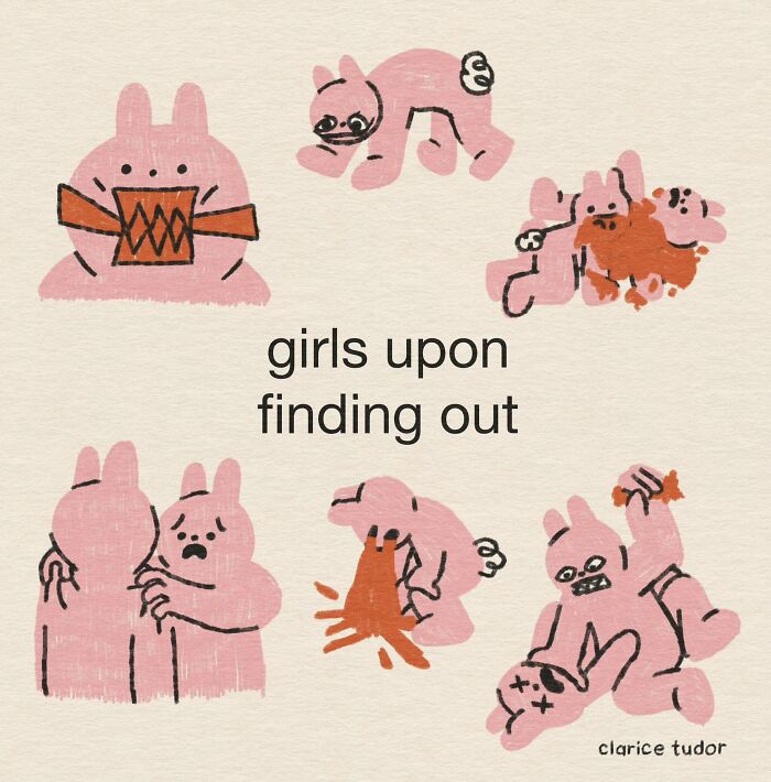 Chaotic pink rabbits vomiting and fighting illustrating girls reacting dramatically in comic style