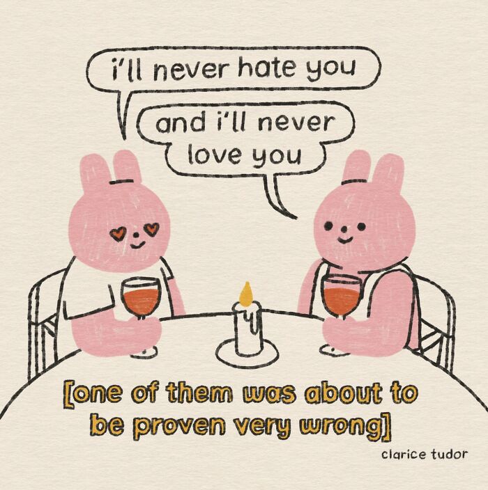 Pink rabbits drinking wine sharing ironic love and hate dialogue in Clarice Tudor comic