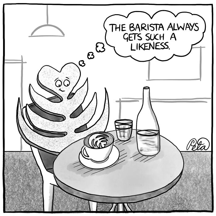 Single-panel comic showing a character appreciating coffee art with a barista likeness joke