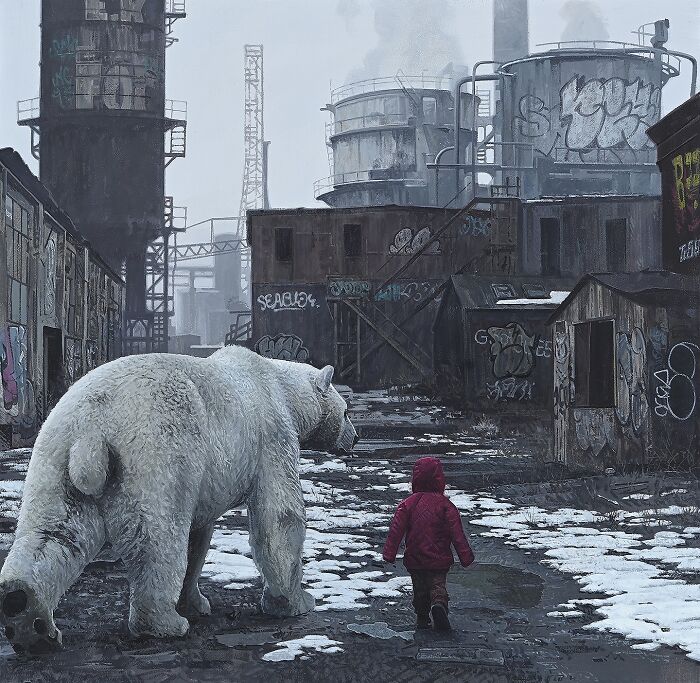 A child and a polar bear walking through a ruined city, from dystopian paintings by Kevin Peterson