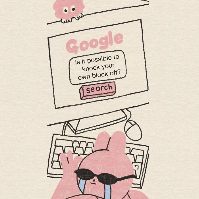 Pink rabbit googling if it is possible to knock your own block off in a humorous cartoon
