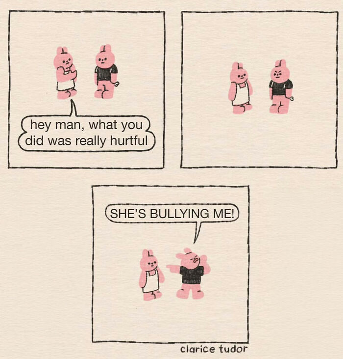 Sassy pink rabbits illustrating snarky British humor and bullying in a comic strip by Clarice Tudor