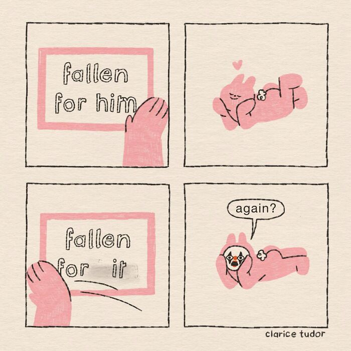 Pink rabbit comic about falling for him versus it with clown mask punchline