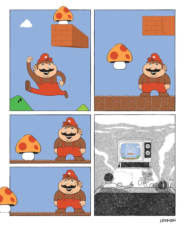 A Bips McCallister comic featuring Mario-like character jumping for a mushroom, revealing two men watching TV, depicting hilarious comics.