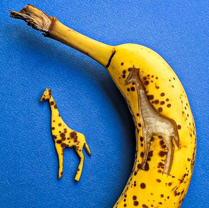 A banana peel is carved to look like a giraffe in this creative playful illustration.