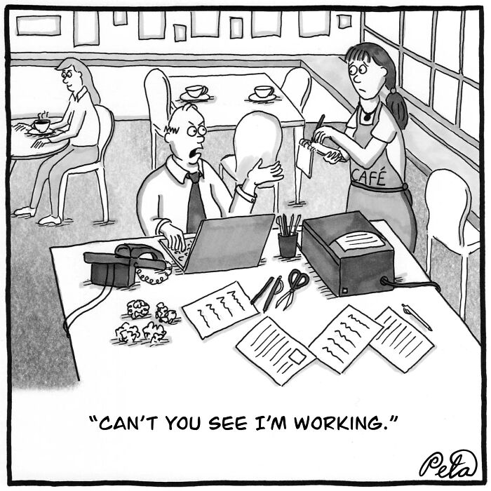 Comic of a man telling a waitress he is working, single-panel humor by Peta Manning