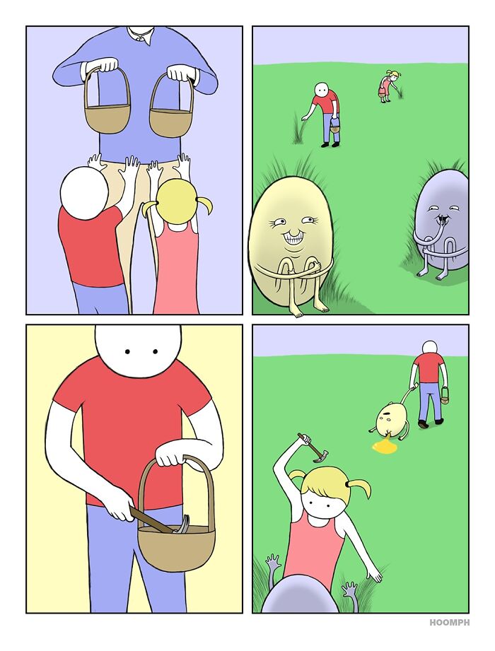 A Bips McCallister comic where children use an adult's body as a basket, and later 'harvest' eggs, illustrating absurd comics.