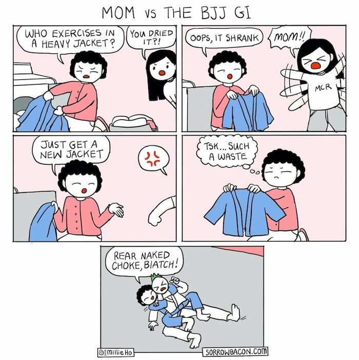 A funny comic about a mom accidentally shrinking a BJJ gi, leading to a surprise choke, a twist on random things.