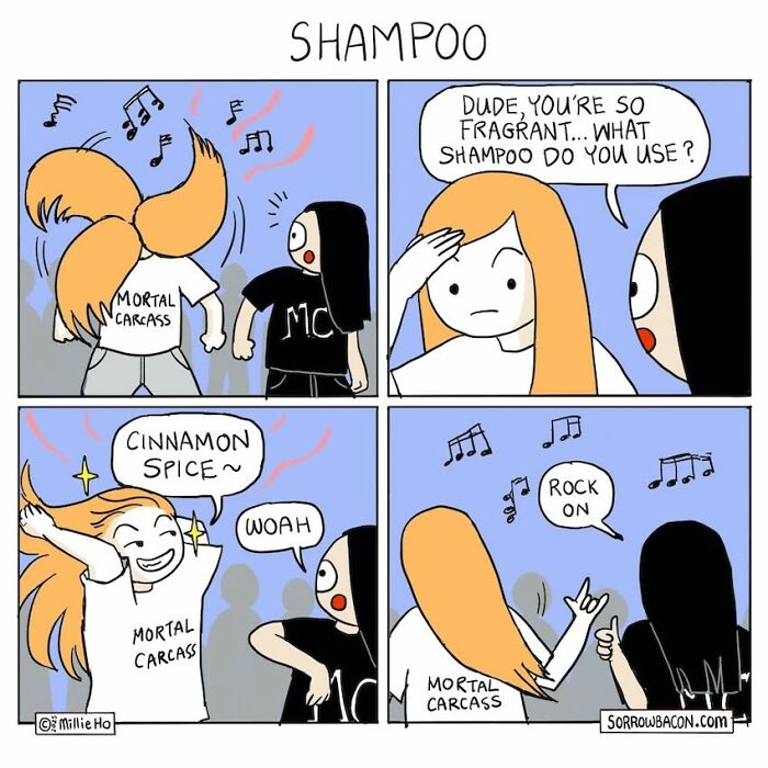 A comic featuring two characters, one with long orange hair showing off her shampoo, illustrating funny twists.
