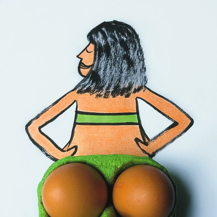 Playful illustrations featuring two brown eggs in a green carton depicting a woman in a bikini seen from behind