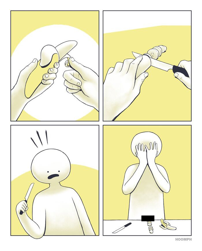 A Bips McCallister comic depicting a character mistakenly peeling a banana like a carrot, showcasing hilarious comics.
