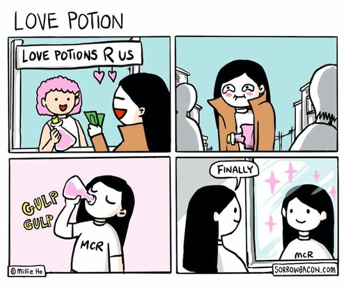 A comic about buying and drinking a love potion, resulting in self-love, a funny twist on random things.