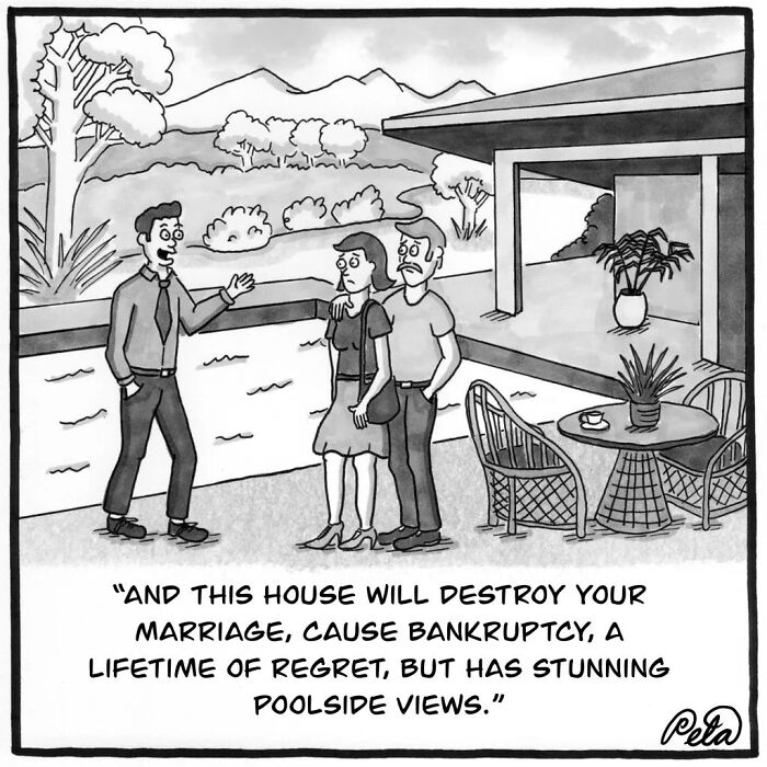 Single-panel comic of a realtor warning a couple about a house that will cause regret but has stunning poolside views.