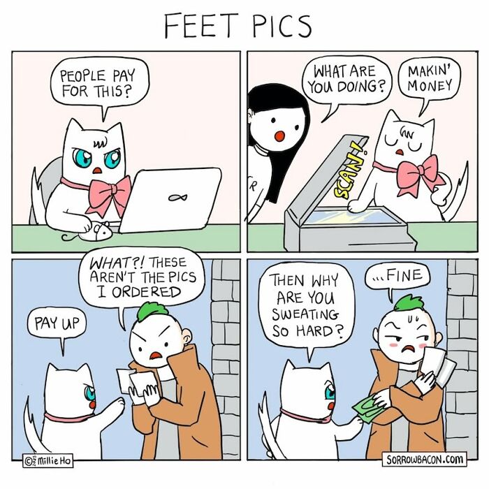 Hilarious comics depicting a cat selling unusual feet pics, bringing funny twists to random things.