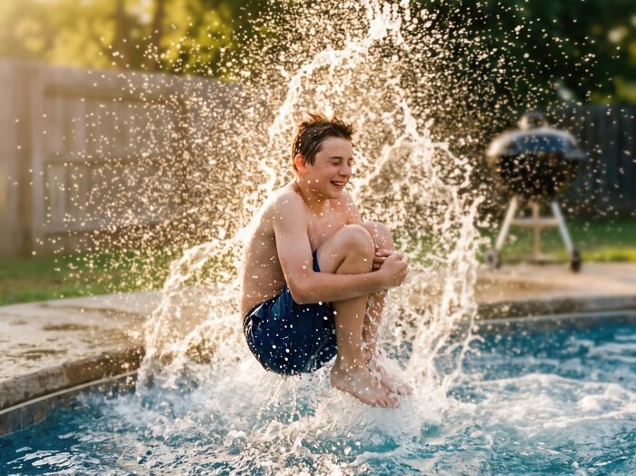 A joyful boy splashes out of a swimming pool, representing the wild and unexpected end of a life story.