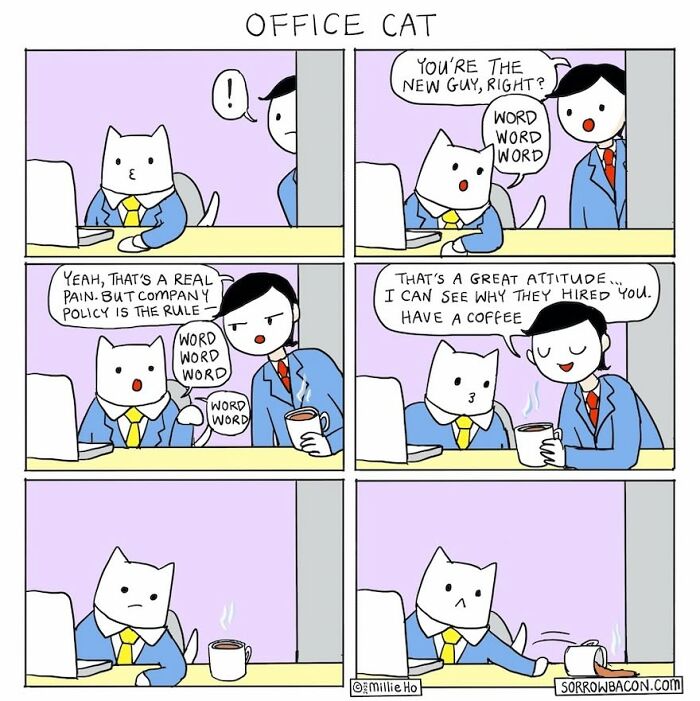 Funny twists on office life featuring a cat in a suit, perfect for comics about random things.