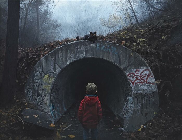A child in a red jacket looking into a dark tunnel, from dystopian paintings by Kevin Peterson