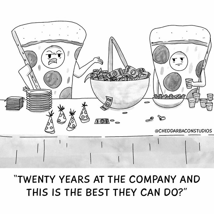 A hilarious comic depicting two pizza slices as adults looking disappointed at a meager retirement gift, showcasing adult relatability.
