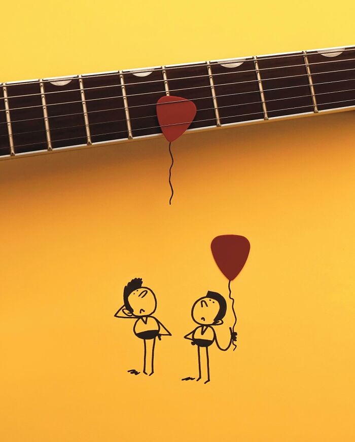 Guitar picks double as balloons held by cartoon characters in a playful illustration.