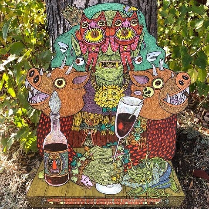Theo Ellsworth fantasy drawing with mystical figure, animal heads, and wine glass in colorful detail
